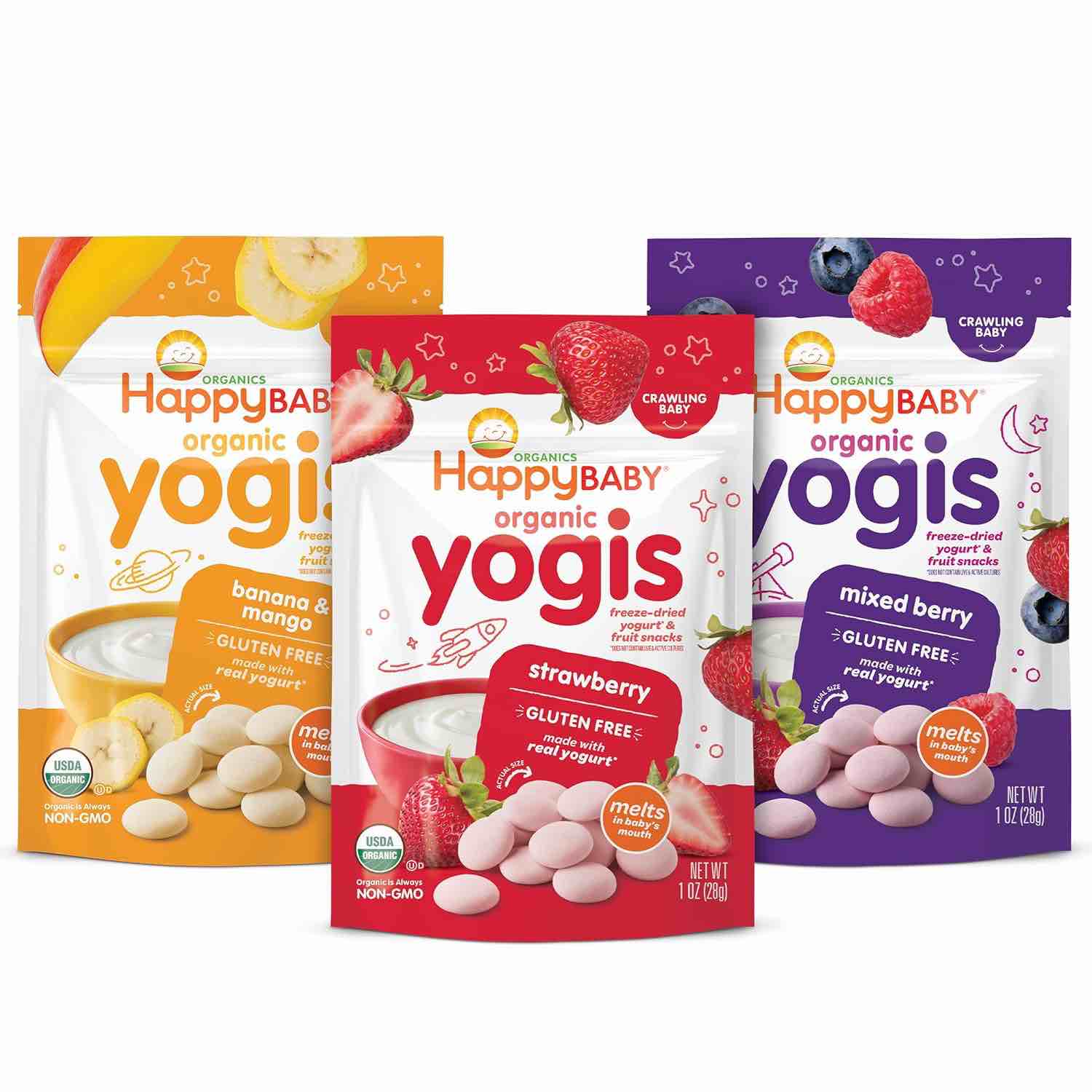 happy baby organic yogis variety pack, mixed berry/strawberry/banana mango, 1 oz, 3 count