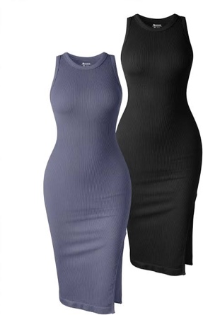 oqq women's 2 piece dress sexy ribbed halter neck fashion split tank tops dresses black grey blue