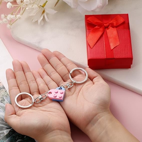 couple heart keychain for lego brick, matching keyrings and red jewelry box set heart key chain for boyfriend girlfriend
