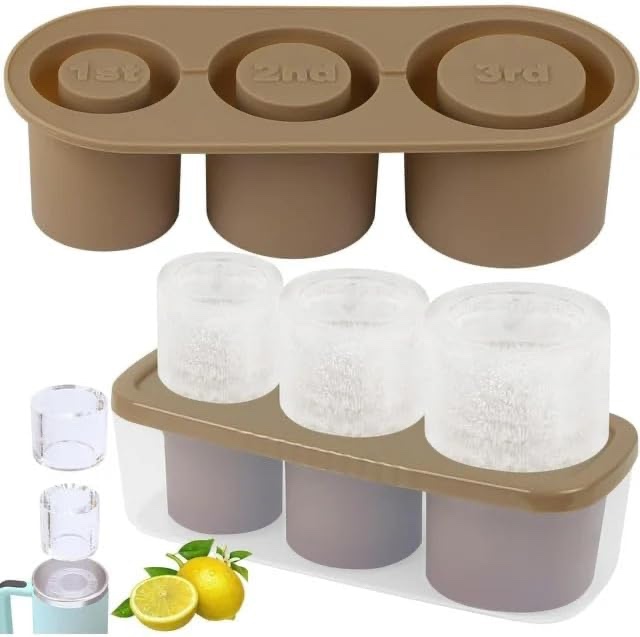 wpoym ice cube tray for stanley cups, silicone ice cube molds with lid for making 3 hollow cylinder ice cube, accessories for 40 oz stanley tumbler for chilling cocktails,whiskey,drinks, brown