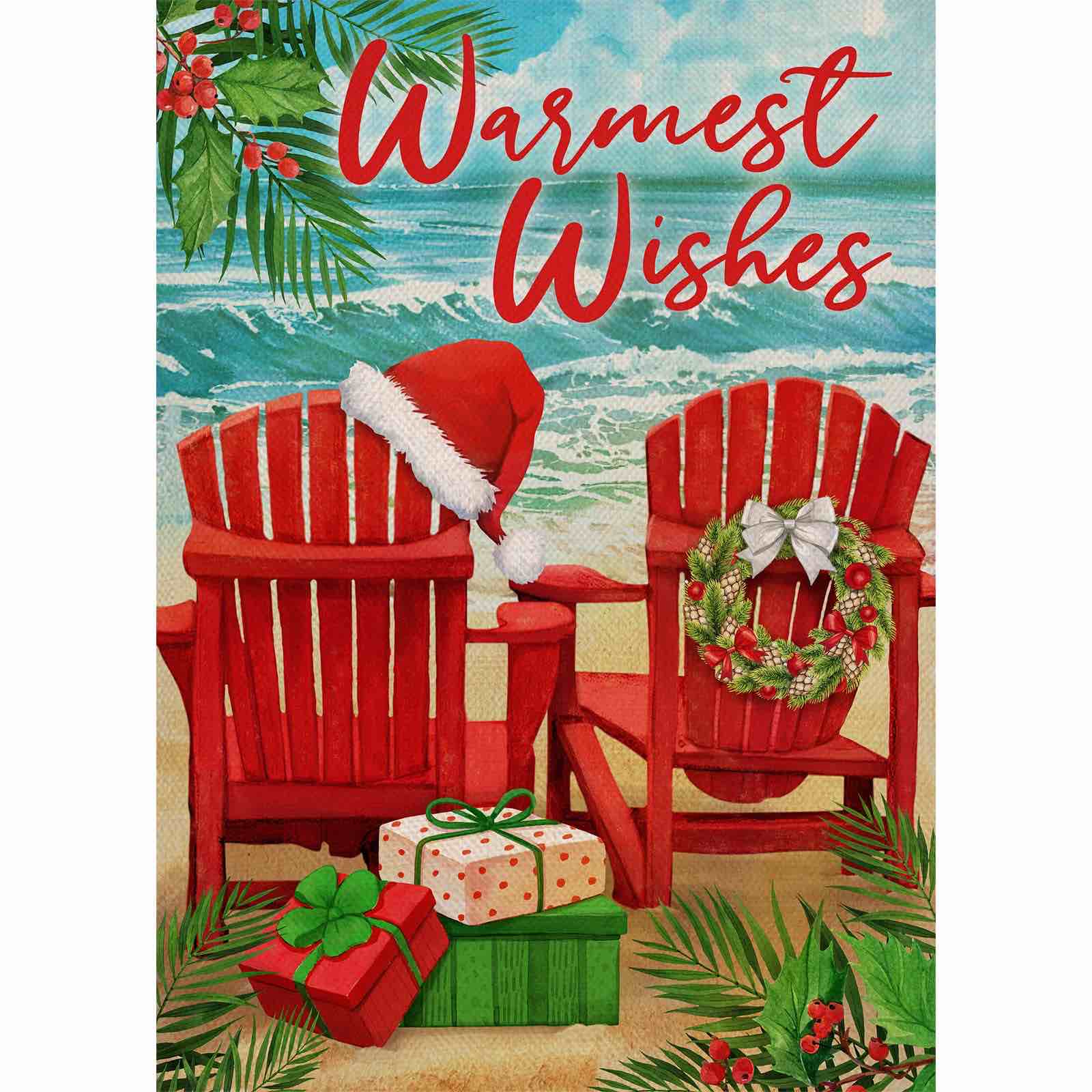 Selmad Warmest Wishes Christmas Red Chair Tropical Decorative Burlap Garden Flag, Xmas Coastal Beach Home Yard Small Outdoor Decor, Winter Ocean Outside Decoration Double Sided 12 x 18