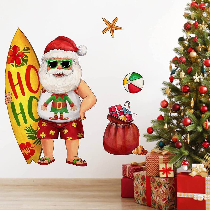 yovkky hawaii christmas santa claus wall decals stickers, hawaiian xmas beach santa home bedroom decor, 2025 new year surfing santa coastal kitchen living room decorations winter holiday gifts