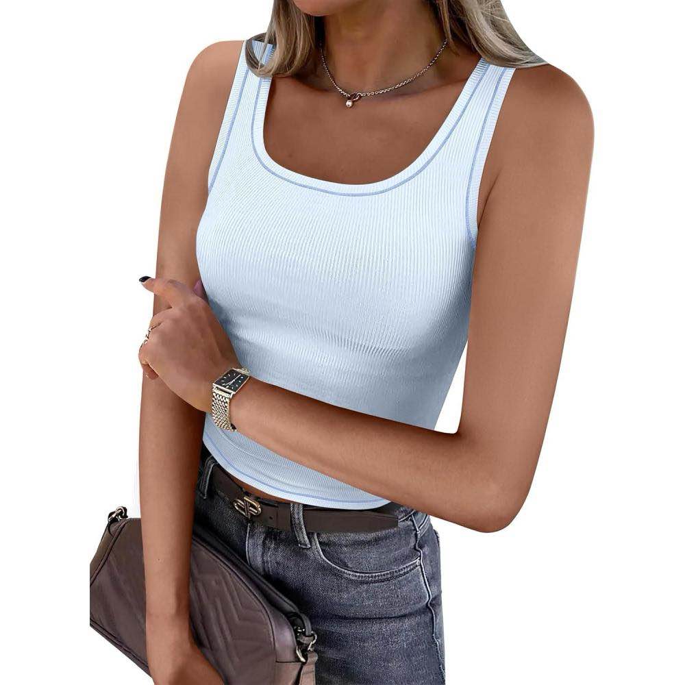 (X-Large) Caracilia Tank Top for Women Summer Square Neck Sleeveless Ribbed Fitted Crop Tops 2025 Basic Workou