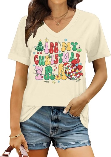 Christmas Shirts for Women: Merry Christmas V Neck T Shirt Xmas Tree Graphic Tees Christmas Vacation Short Sleeve Tops - Large