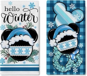 Hello Winter Hot Cocoa Kitchen Dish Towels Set of 2, Blue Snowman Mitten Drying Hand Towels Baking Cooking Cloth, Christmas Cozy Winter Vibes Stripes Seasonal Home Kitchen Decoration 18 x 26 in