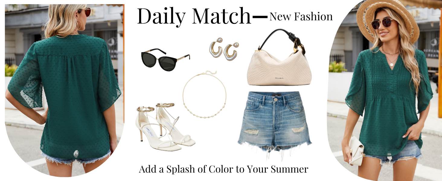 (Size M) CiCiBird Women 3/4 Sleeve Blouses Casual Pleated Shirt Dressy Double Mesh Layers Tops