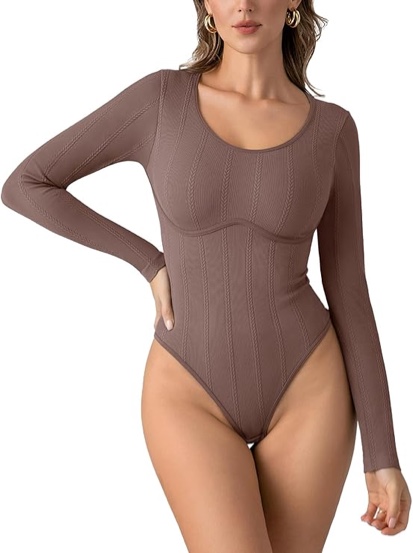 (Small) PINKMSTYLE Womens Long Sleeve Tops Knit Ribbed Bodysuits Classy Scoop Neck Business Casual Trendy Outfits Winter Shirts Ochre Small