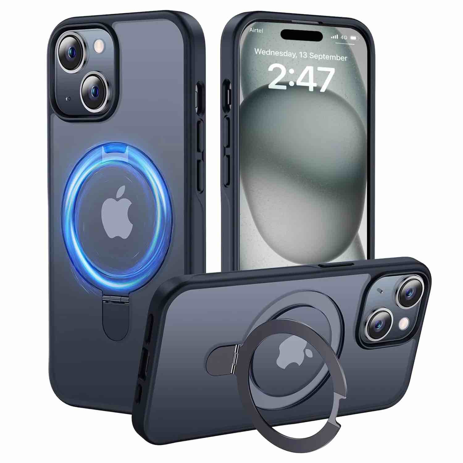 Fnwsja Magnetic Phone Case for iPhone 15 Pro Max 6.7 inches with Strong Magnetic Ring Stand [ Compatible with Magsafe ] Shockproof Translucent Matte Protective Case, for Men Women (Black)