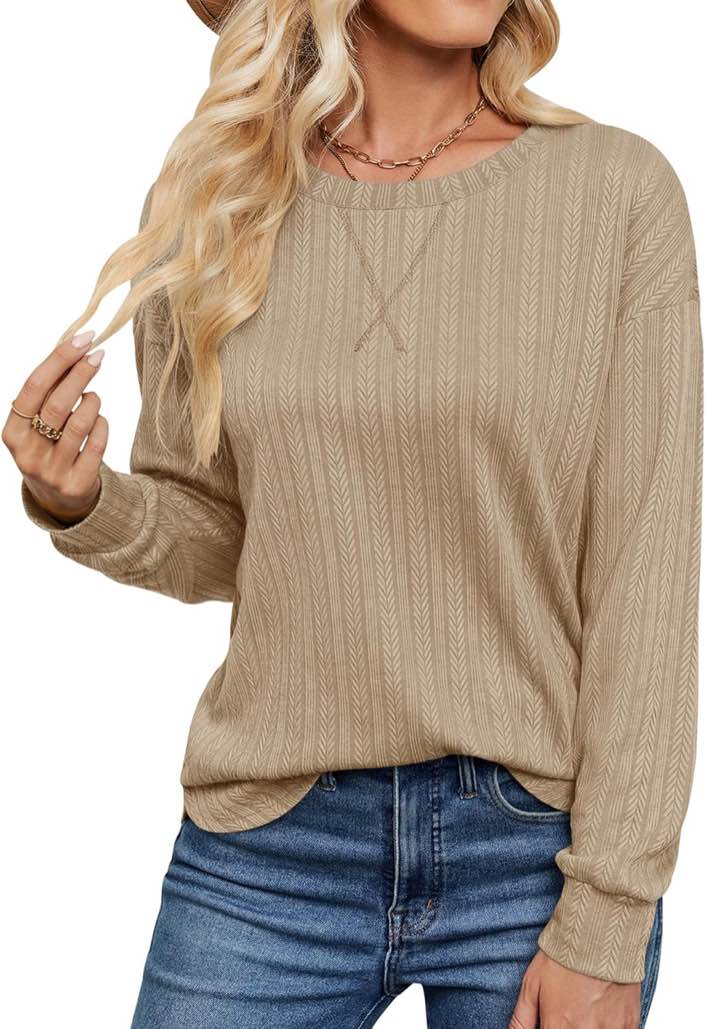 (XX-Large) TFSDOD Women's Long Sleeve Fall Tops Casual Crewneck Knit Blouses Lightweight Loose Textured Shirts Trendy 2024