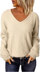 (Small) EVALESS Long Sleeve Sweaters for Women Fashion V Neck Waffle Knit Sweater Tops Fall 2024 Outfits Loose Jumper Pullover