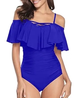 (Small) Holipick Royal Blue Women Strapless One Piece Swimsuits Tummy Control Bathing Suit Ruffle Off Should