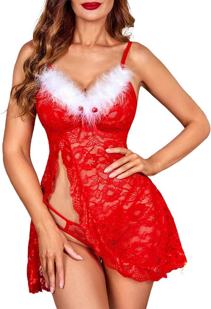 Avidlove Christmas Lingerie — Women's Santa Babydoll Red Lingerie Dress Sexy Lace Chemise size Large