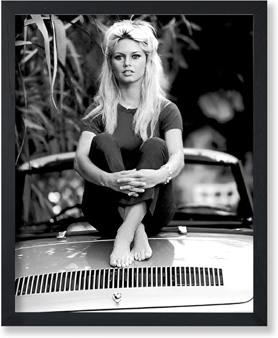 Poster Master Brigitte Poster - Brigitte Sitting on the Car - Black and White Photography Art - Chic Female Portrait - Living Room, Bedroom, Kitchen, Dining Room Decor - 8x10 UNFRAMED Wall Art