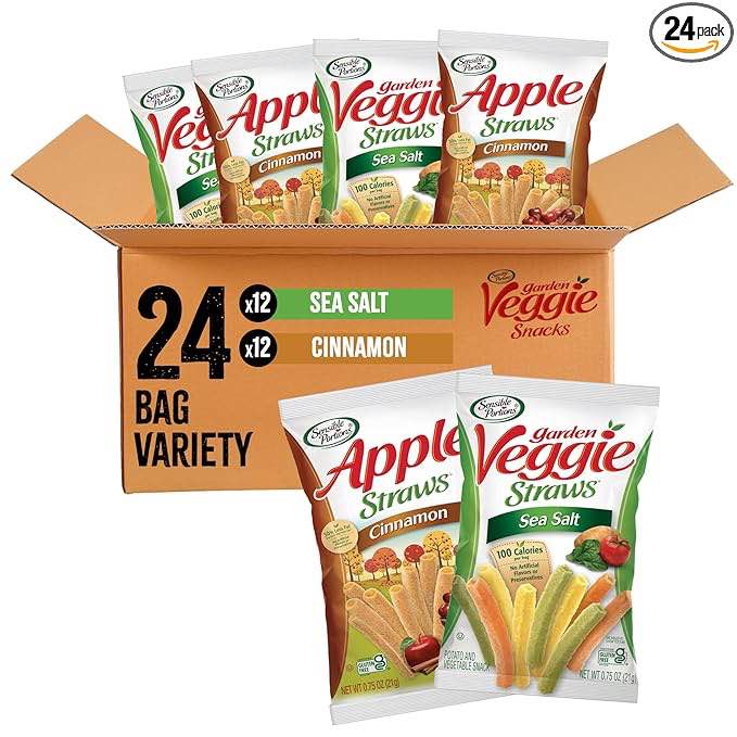 Sensible Portions Sweet & Salty Straws Variety Pack, Apple Straws and Sea Salt Veggie Straws, 0.75 oz Bag (Pack of 24) Best by 2/16/25