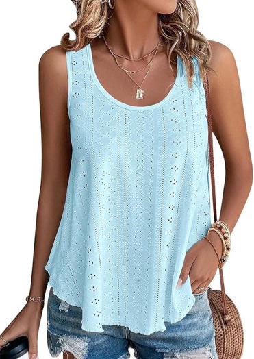 Women’s Tank Top — Eyelet Embroidery Scoop Neck Sleeveless Shirt for Casual Loose Fit Basic 2024 Summer Top (Large, Light Blue)