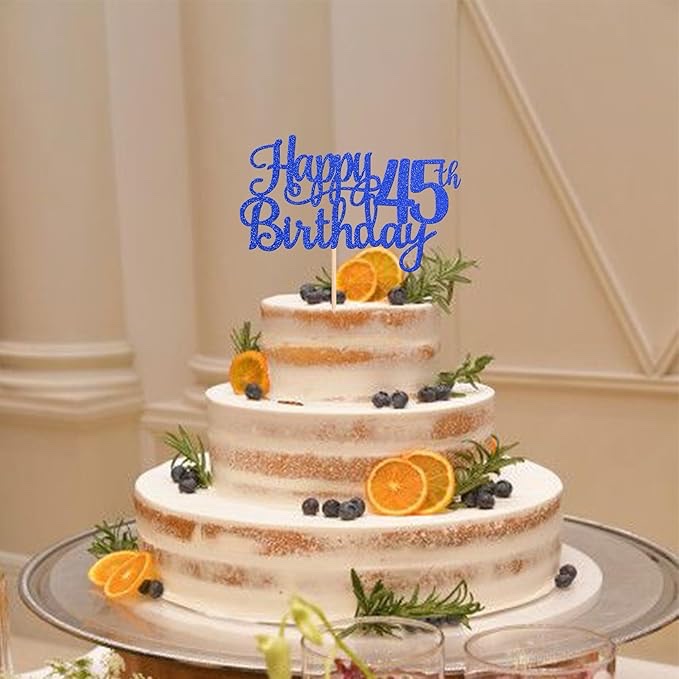 45th Birthday Cake Topper with Blue and Silver Stars Topper (Glitter Blue)