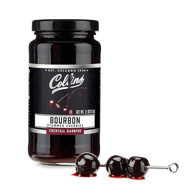 Collins Amarena Cherries in Syrup | Premium Garnish for Cocktails, Martinis, Old Fashioned, Manhattan, Chocolate, Dessert, Bourbon Accessories, 13.5oz