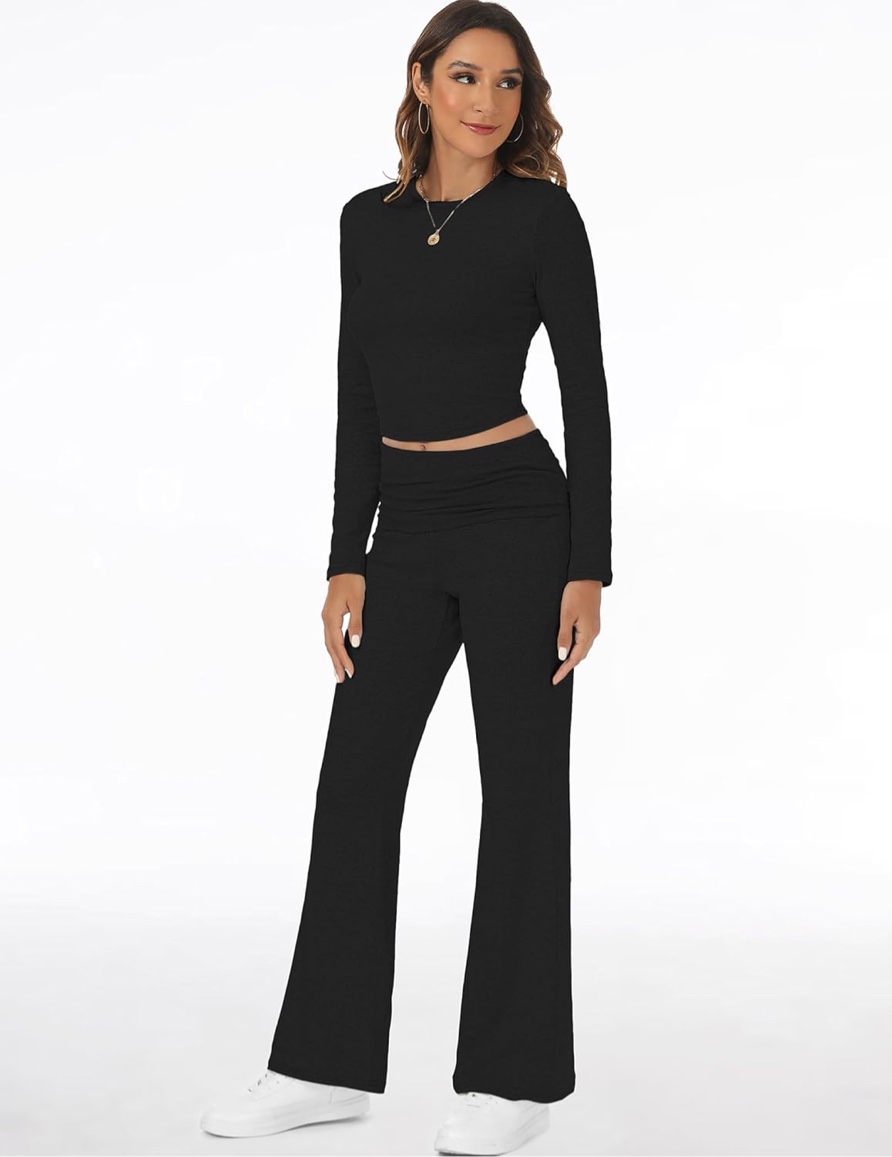 Ugerlov Lounge Sets for Women 2024 Fall 2 Piece Outfits Fold-over Flare Pants Long Sleeve Crop Top Matching Pajamas Sets Black S