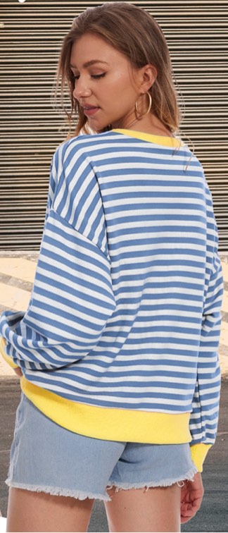 (Large) Women Striped Color Block Oversized Sweatshirt Long Sleeve Shirt Crewneck 2024 Fall Pullover Preppy Clothes 