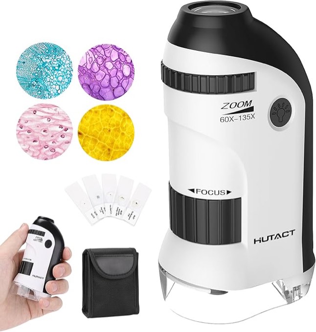 HUTACT Mini Microscope for Kids, 60X-135X Pocket Miniscope with 5 Prepared Slides with Specimens, Portable Handheld Microscope for Children Students