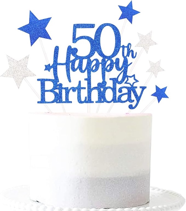 FmiyunEea Happy 50th Birthday Cake Topper - 9PC Glitter 50th Birthday Cake Decor?Hello 50, Cheers to 50 Years 50 Anniversary/Birthday?50 & Fabulous Cake Decor(50th, blue)