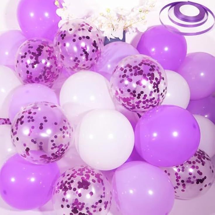 Purple Party Decorations, 50 Pcs 12 In Birthday Balloons for Girls, Happy Birthday Decor with Purple & White Balloons