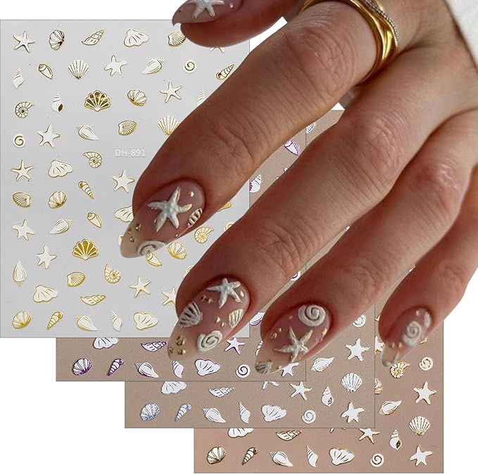 4 Sheets Nail Stickers Starfish Shell Conch Star Marine Life Style Nail Decals 3D Self Adhesive Beach Nail Art Design Decoration for Women Nails Art Stickers