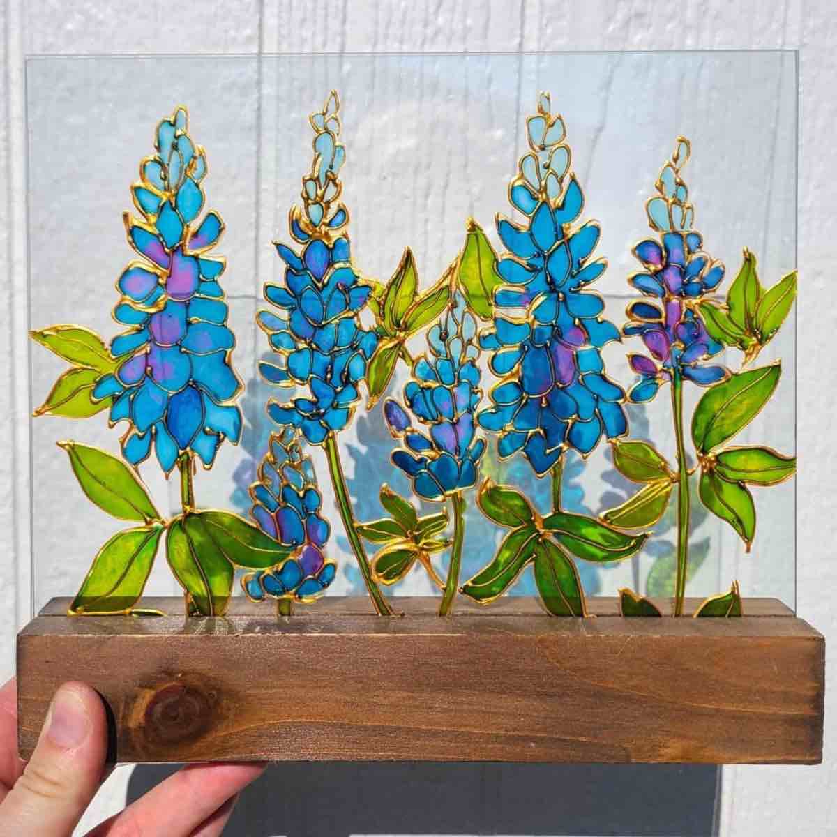 Texas Bluebonnet Decor Stained Glass Suncatcher Bluebonnet Gifts for Women Hand Painted Texas State
