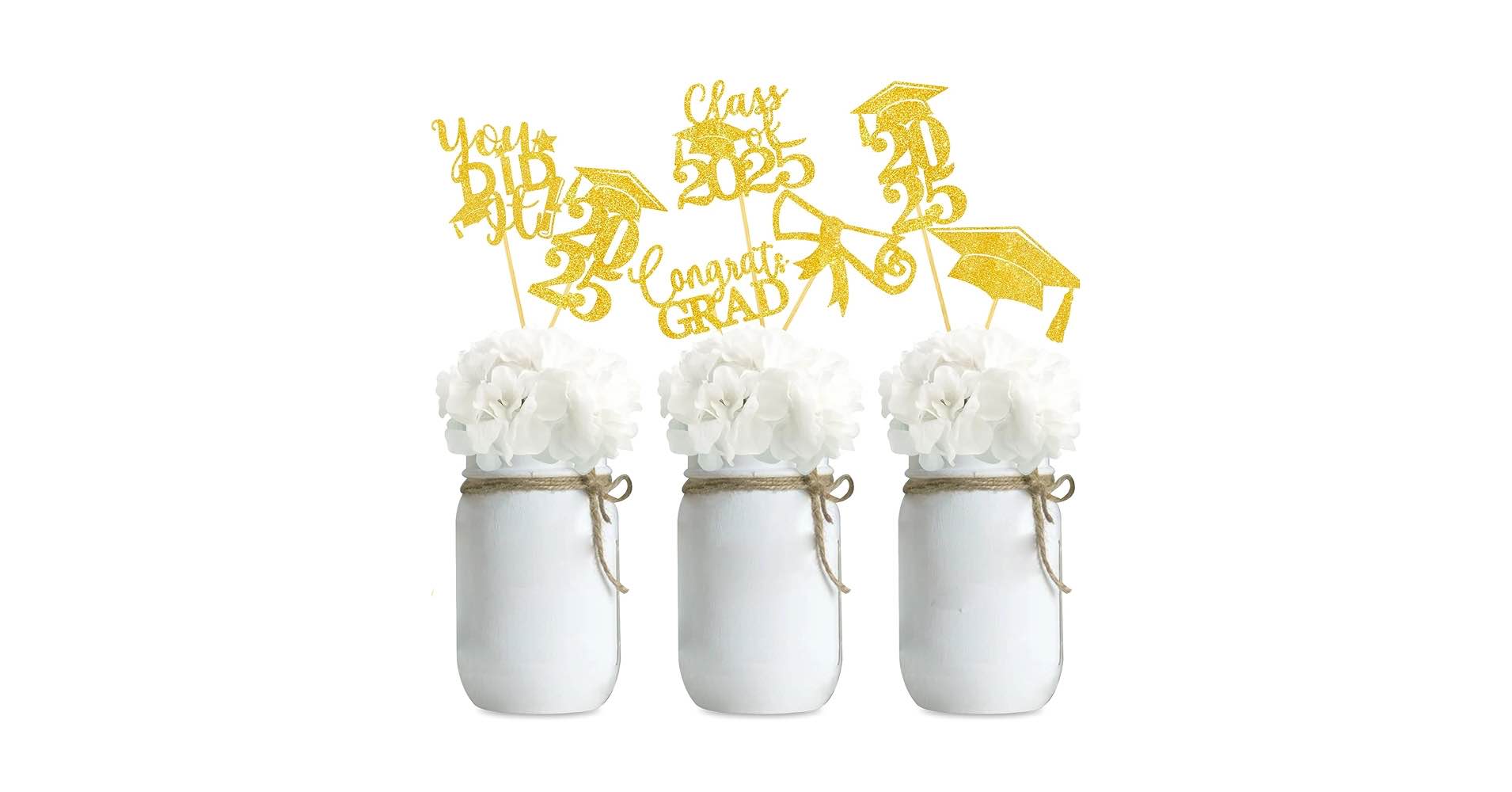 Graduation Centerpiece Sticks 24PCS Glitter Grad Picks Party Table Decor Senior High School College Sign Gold