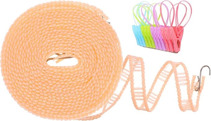 QUARKZMAN Windproof Clothesline, 8 m 26 ft Plastic Non-Slip Washing Line with 12 Clips, Portable Washing Line for Outdoor Camping and Travel, Beige
