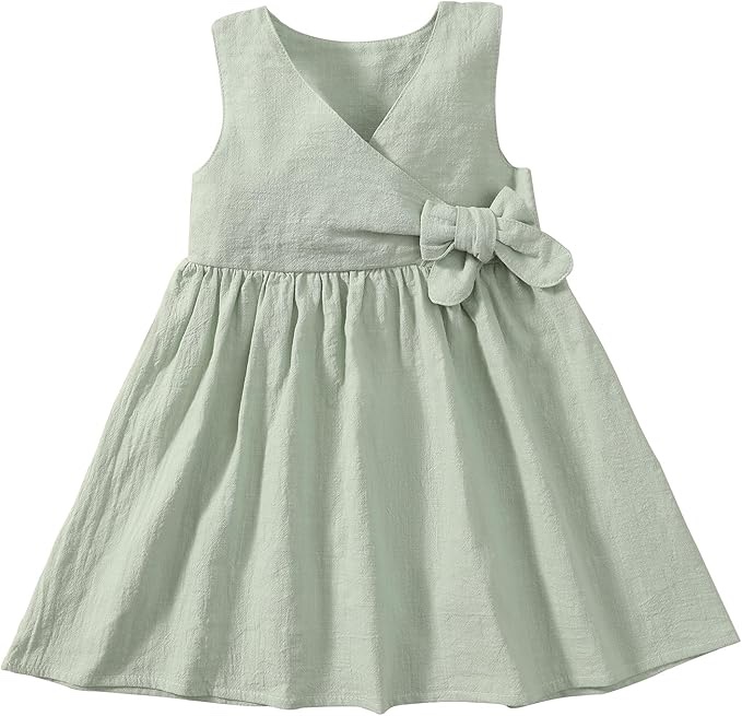 (2-3T) TIMOGG Toddler Girl Dress Summer Sleeveless Linen Cotton Dress Bow Kids Casual Dresses Clothes (Gree