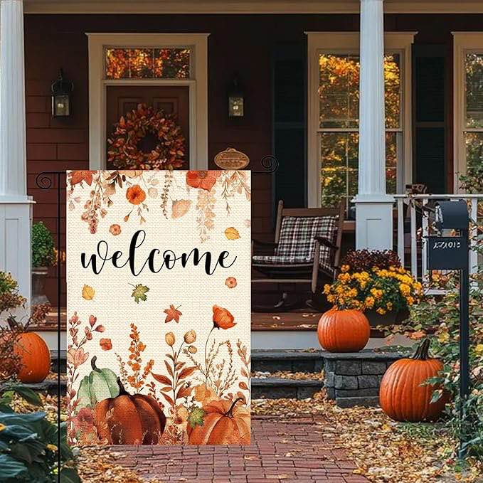 “Welcome” Fall Garden Flag — Autumn Pumpkin Garden Flag — 12x18 Inches Double Sided Fall Truck Thanksgiving Flag (Design May Vary)