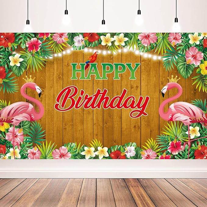Flamingo Birthday Backdrop, Tropical Floral Flamingo Birthday Banner for Flamingo Party Decorations,