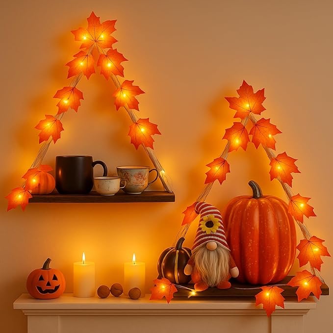 Colingmill Set of 2 Fall Wall Decor Floating Wall Shelves with Maple Leaf Light String Thanksgiving 