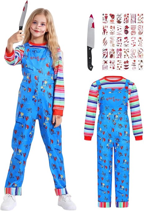 Kids Halloween Doll Killer Costume Boys Girls Blue Jumpsuit with Striped Shirt Scary Guys Cosplay Ou