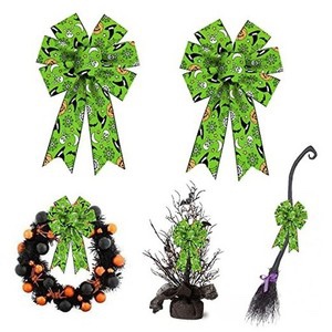 2PCS Halloween Wreath Bows, Green Bows for Wreath Rustic Farmhouse Trick or Treat Spider Web Bat Bow