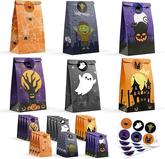 Halloween Treat Bags - 24 PCS Halloween Party Favors,Halloween Goodie Bags with Stickers for Kids |