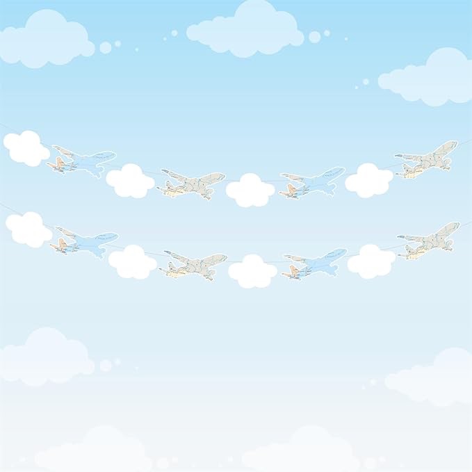 Cheereveal 2 Pack Airplane Clouds Garlands, Plane Aviator Aviation Themed Up and Away Banner Party D
