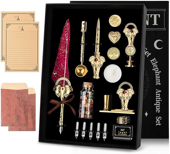 NC Quill Pen and Ink, Feather Dip Pen, Calligraphy Set, Valentine's Day Gift, Holiday Ideal (Red)