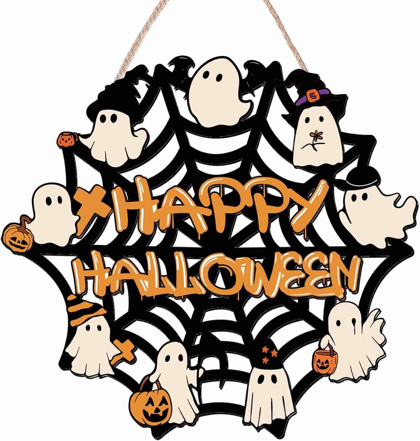 Halloween Door Sign Ghost Decor - Cute Ghost Cobweb Wall Decor - Wooden Front Door Decoration Hangin