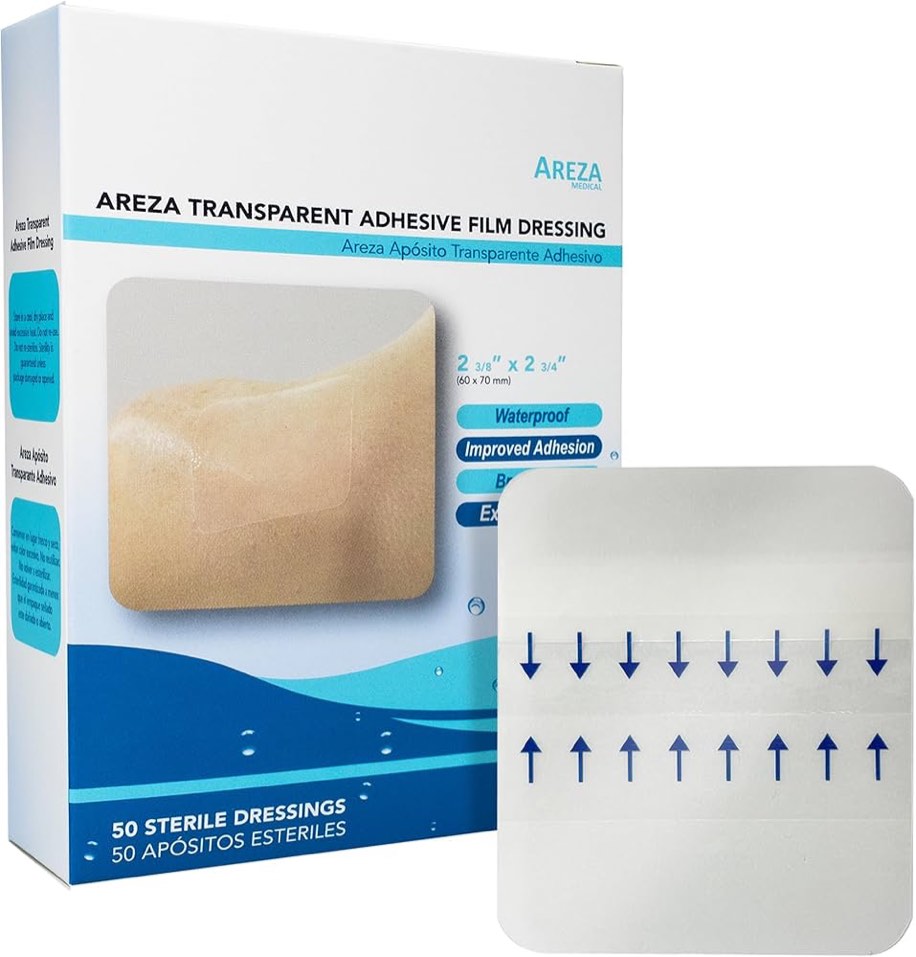Areza Medical Transparent Adhesive Film Dressing - 2?" x 2¾” - Showerproof Waterproof Bandage Protector - Clear Breathable Dressing for Wound Care, Tattoo Aftercare, Post-Surgical Protection - 50 PCS
