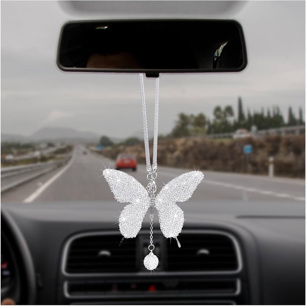 U&M 7 Packs Bling Butterfly Car Accessories for Women Interior Cute Set, Crystal Rear View Mirror Ch