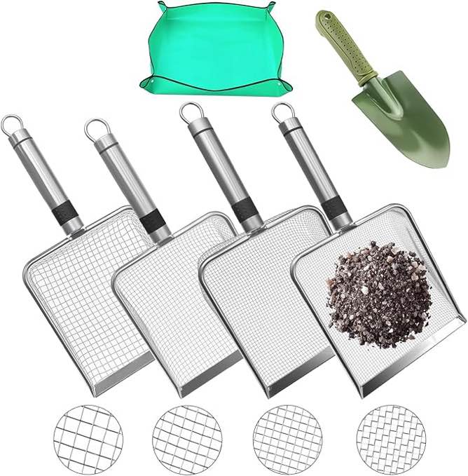 4PS Soil Sifter Gardening Kit (Mesh Sizes: 2mm / 2.8mm / 3.8mm / 5mm) - Upgraded Wide Soil Sieve Kit, Stainless Steel Sifter Suitable for Sand, Dirt, and Compost - Perfect for Gardening.