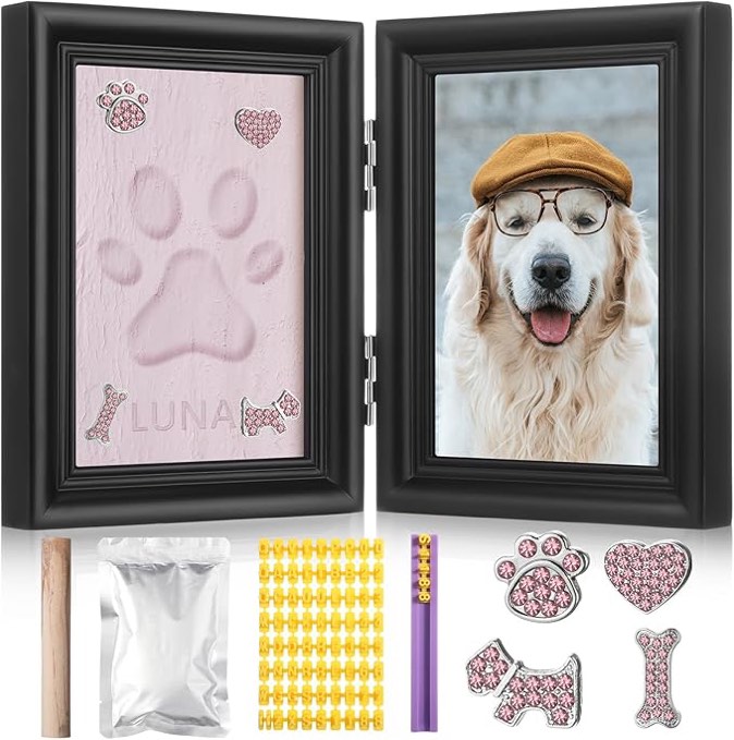 Geelin Dog or Cat Paw Print Kit with Trinkets Pet Paw Print Impression Kit with Clay Wooden Dog Picture Frame Personalized Gift Keepsake for Pet Lovers DIY Memorial Keepsake Gift(Pink)