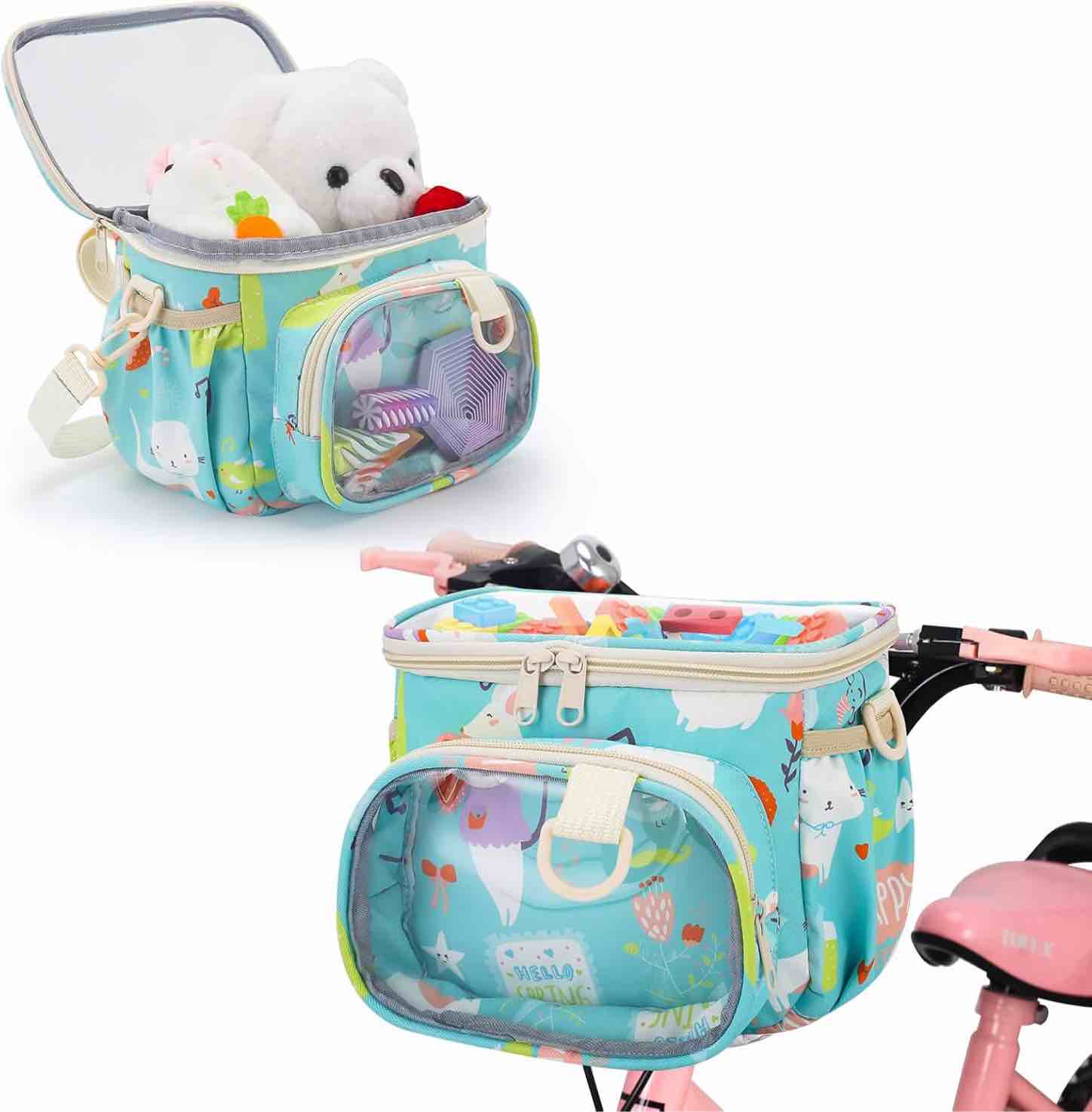 kids bike basket,waterproof fabric bicycle basket,boy and girl bicycles front basket accessories,fits scooter and tricycles bike handlebar bag,with shoulder strap