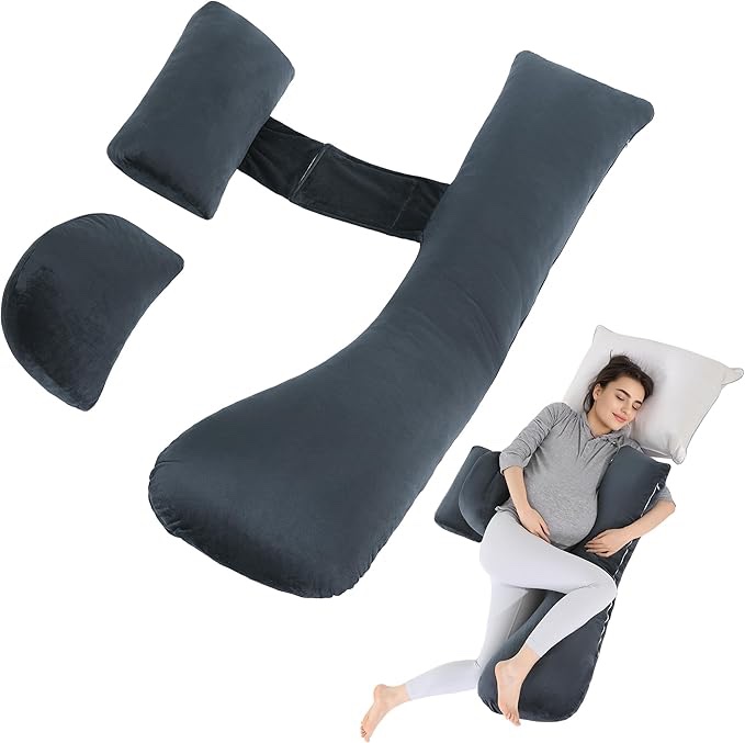HOMBYS Shredded Memory Foam J Shaped Pregnancy Pillow, Maternity Pillow for Sleeping with Adjuable Wedge Cushion, Extra Soft Body Support for Pregnant Women (Dark Grey)