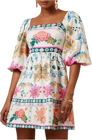 SOLY HUX Women's Floral Print Dress Square Neck Puff Sleeve A Line Short Boho Summer Dresses - Small