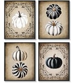 ULEGIE Vintage Shabby Chic Gothic Pumpkin Prints Set of 4, Black and White Pumpkin Posters Wall Art 