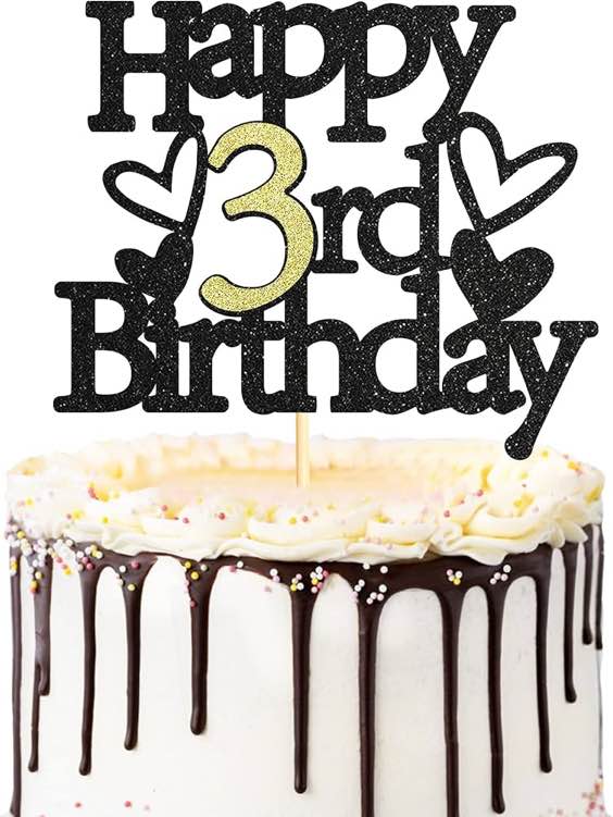 Sumerk Happy 3rd Birthday Cake Topper 3rd Birthday Cake Topper Black & Gold Glitter 3 Birthday Cake Decoration 3 Birthday Party Decoration Supplies