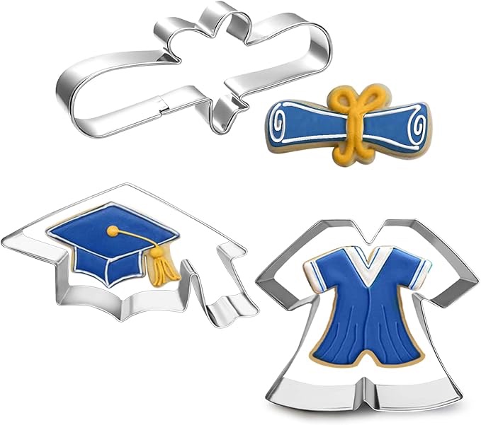 LUBTOSMN Graduation Cookie Cutter Set-3 Piece-Graduation Cap, Gown, Diploma Biscui Cutters for 2024 